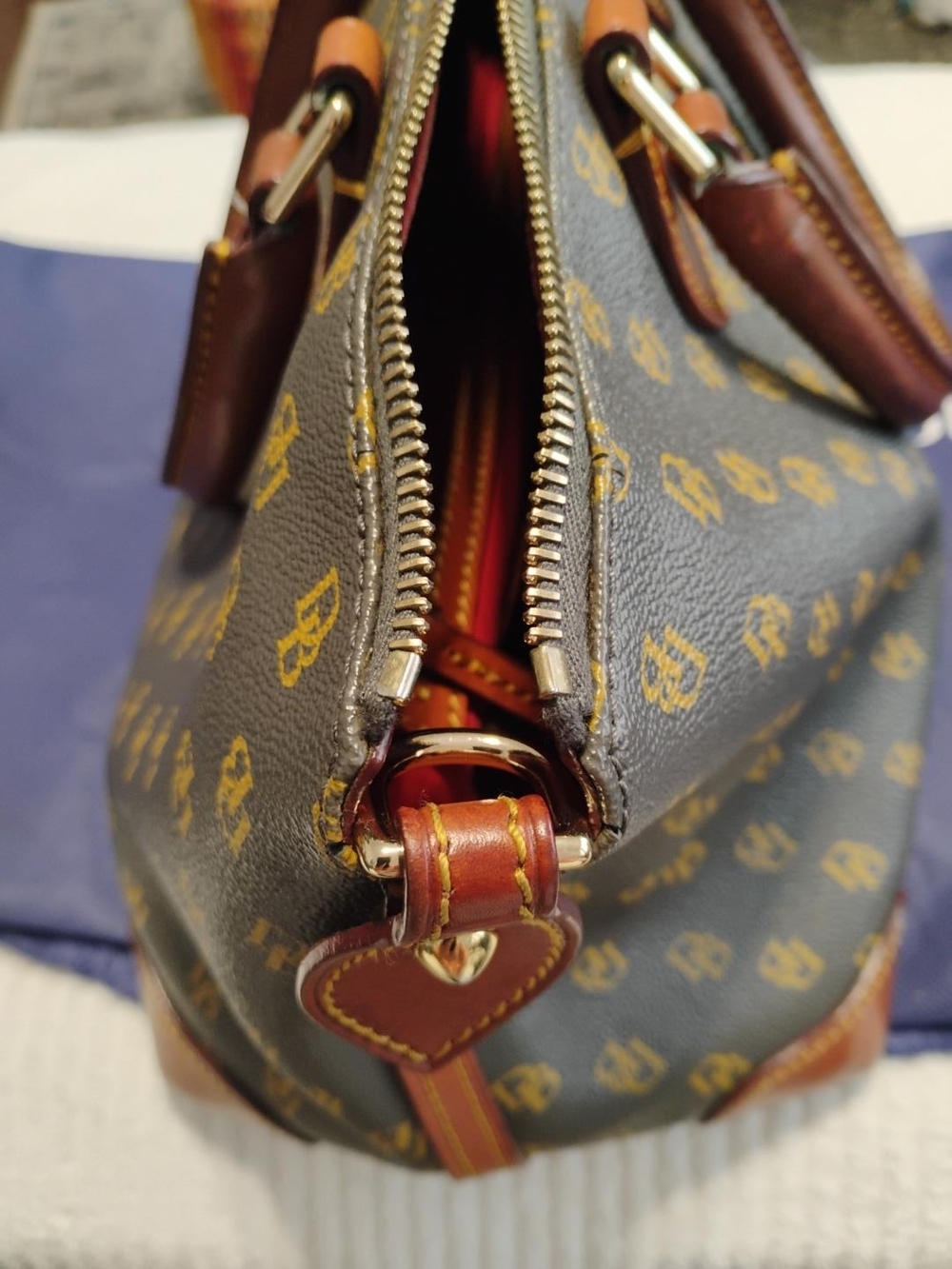 Dooney & Bourke Signature DB Monogram Satchel Brown Cognac Leather Trim - Picture 11 of 16